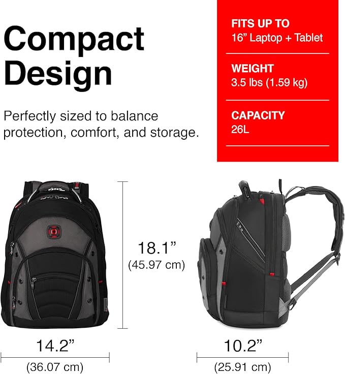 Wenger Synergy Laptop Backpack, Fits 16 Inch Laptop, Men's and Women's Laptop Bag, Black/Grey