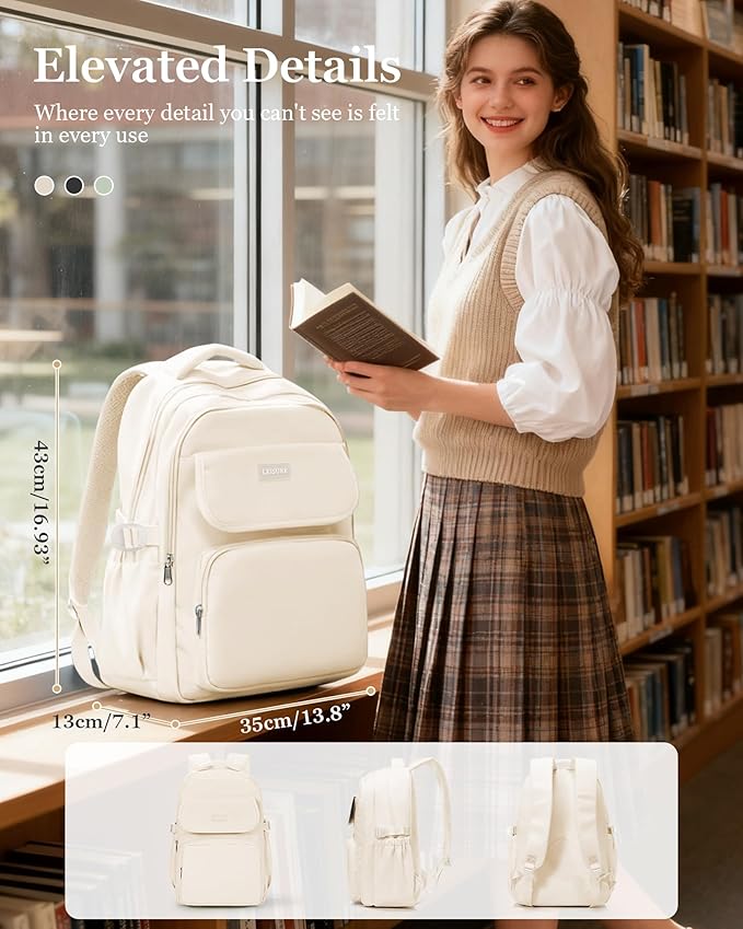 Cute Middle School Backpack For Teen Girls,Waterproof Casual Bookbags,Lightweight Travel Daypack,Basic Laptop College Backpack For Women(White)