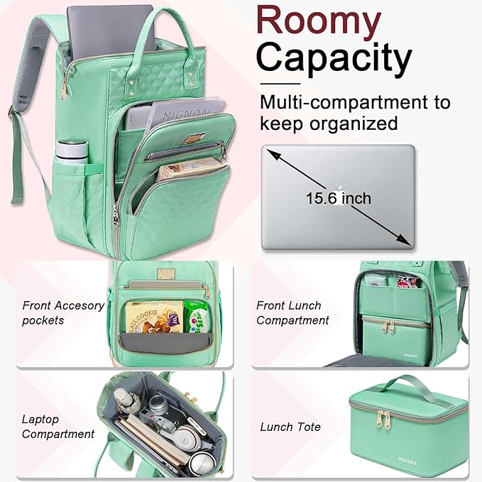 Weitars Lunch Backpack For Women,15.6 Inch Laptop Backpacks For Womens Back pack, Travel Backpacks,Work Backpack For Women (LightGreen)