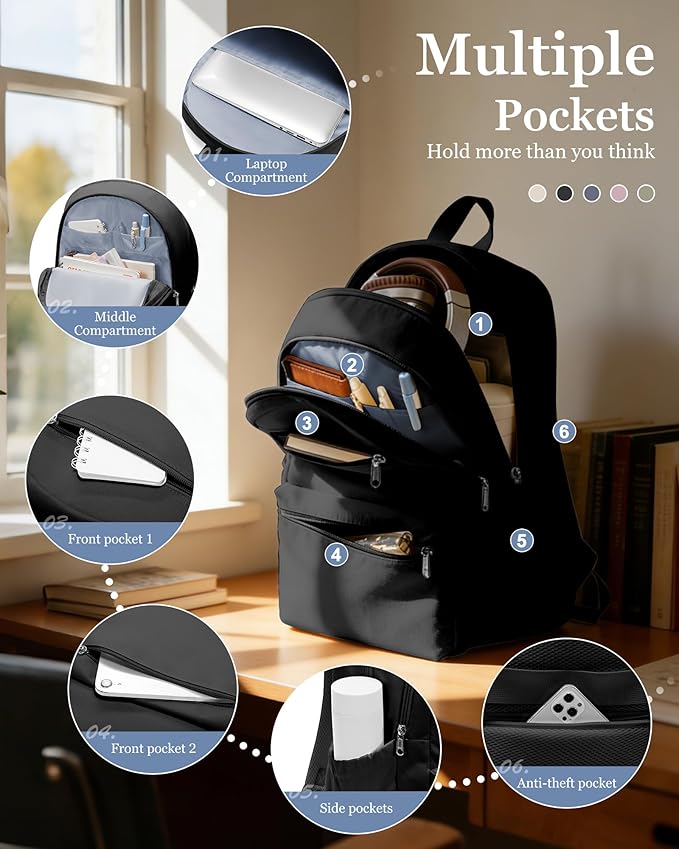 Lightweight School Backpack for Women Men, Multi Pocket Backpack for College Students, Waterproof Middle School Bags, Simple Bookbag for Teens Girls Boys, Black