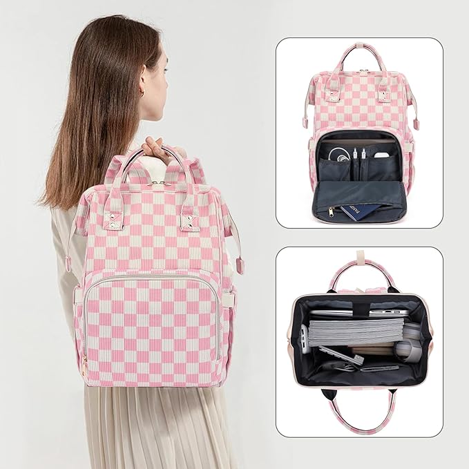 Laptop Backpack for Women, Corduroy College School Backpack Bookbag 15.6 inch Business Computer Travel Backpack (Checkered Pink)