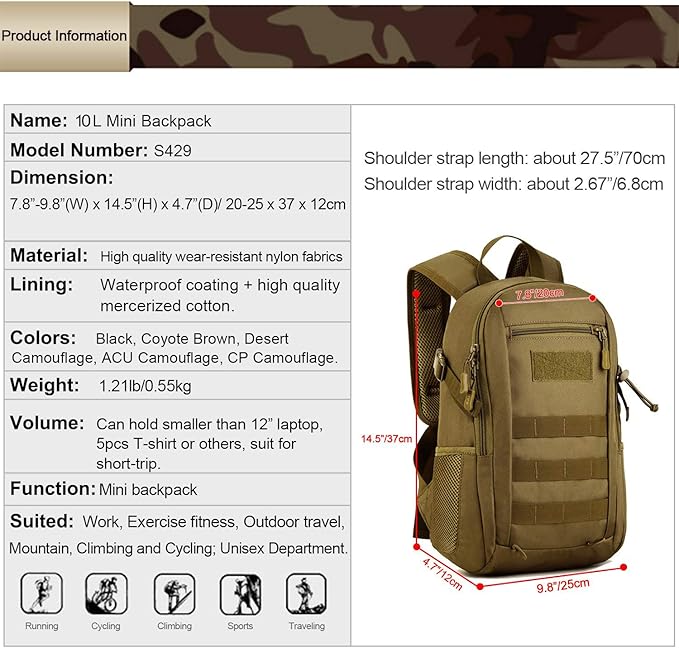 HUNTVP 10L Tactical Backpack Small Backpack Mini Daypack Military MOLLE Rucksack Gear Tactical Assault Pack Bag for Hunting Camping Trekking(10L-ACU Camouflage)