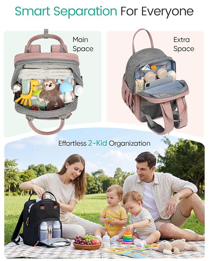 Extra Large Diaper Bag Backpack for Two Kids Twins - Expandable Baby Bag (26-36L), Dual Big Compartments - Includes Changing Pad & Stroller Straps, Unisex Pink Grey