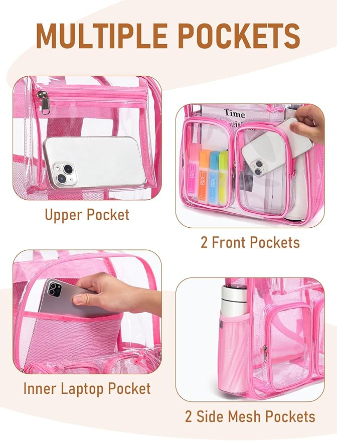 Clear Backpack Heavy Duty for Women Men Boys Girls, Clear Bookbag for School, 17 Inch Transparent Backpack with All-Around Reflective Strips for Work Casual Sport, pink