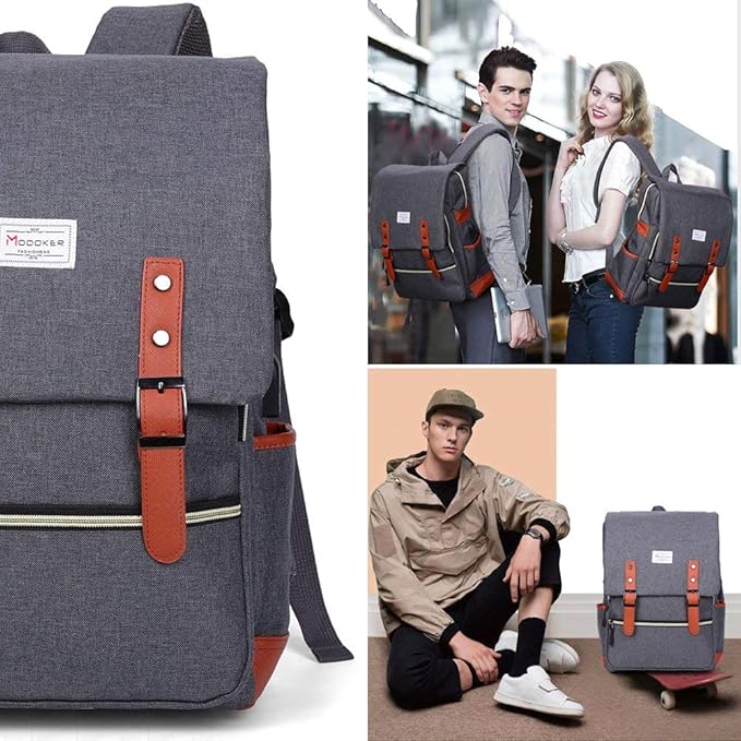Modoker Eco-Friendly Vintage Laptop Backpack for Women Men,Travel Backpacks with USB Charging Port Fashion Backpack Fits 15.6Inch Notebook, Grey