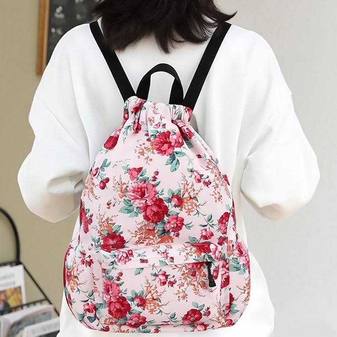 Drawstring Backpack for Women Drawstring Gym Bag Water Resistant Small Cinch Sack Pull String Backpack Bag (Flower-D)