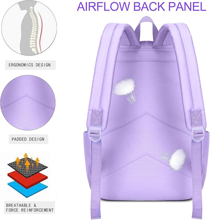 Kids Backpack for Girls School Backpacks College Bookbag Water Resistant Laptop Backpack with Lunch Bag and Pencil Bag, Purple