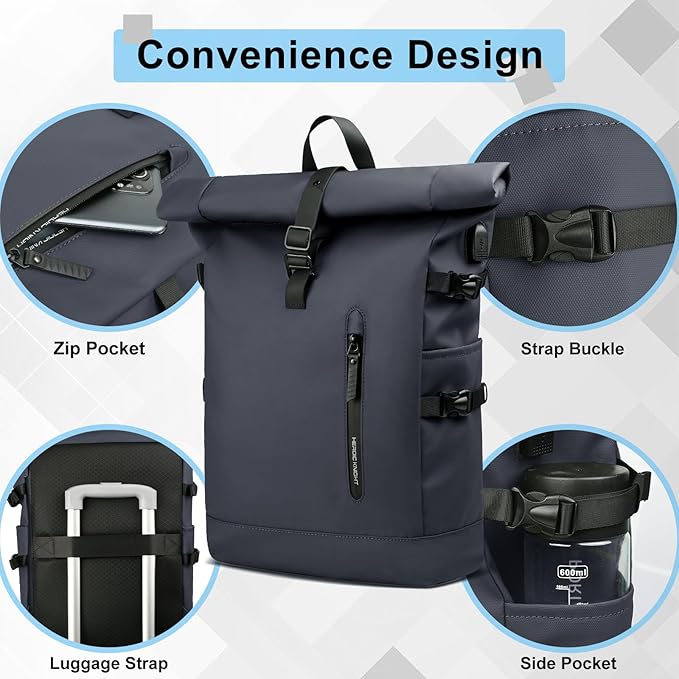 Rolltop Backpack for Men Women, 15.6 Inch Waterproof Travel Backpack with USB Charging Port, Expandable 18-27L Laptop Backpack Casual Daypack for Work Business College-Blue
