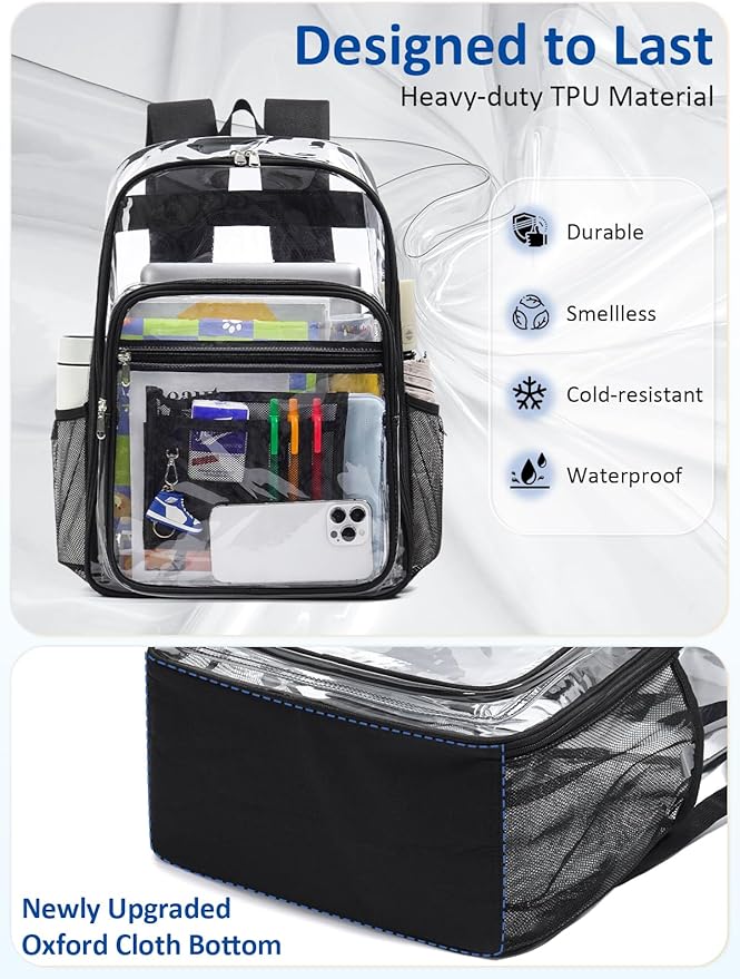 Extra Large Clear Backpack with TSA Lock, Heavy Duty Transparent See Through Clear Bookbag for College, Work, Travel, Casual Sport, Black