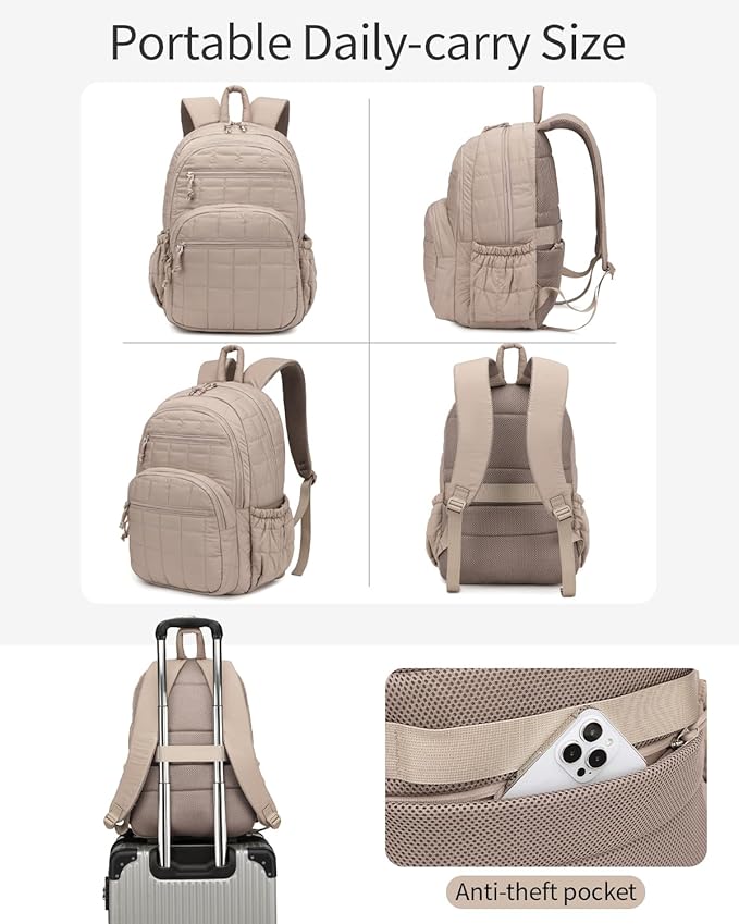 Bookbag for Women, Teen Girls Backpack for High School College Student, Puffer Quilted Back Pack Cute Laptop Backpack for Work Travel Mom Casual Daypack, Camel