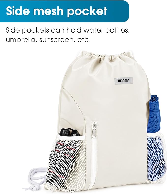 WANDF Drawstring Backpack Sports Gym Sackpack with Mesh Pockets Water Resistant String Bag for Women Men (Beige)