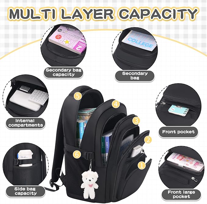 Cute Girls Backpack for School Kids Travel College backpack for Women Teen Black Bookbags Aesthetic Laptop Bagpack