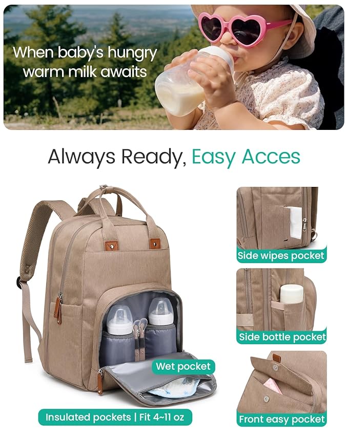 Extra Large Diaper Bag Backpack for Two Kids Twins - Expandable Baby Bag (26-36L), Dual Big Compartments - Includes Changing Pad & Stroller Straps, Unisex Premium Khaki