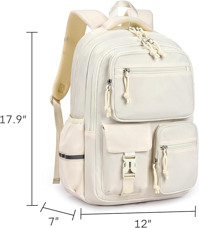 mibasies School Backpack for Teen Girls: 17.9 IN Backpack for Women with Laptop Compartment for Middle High Elementary School College Travel- Kids Bookbag Beige
