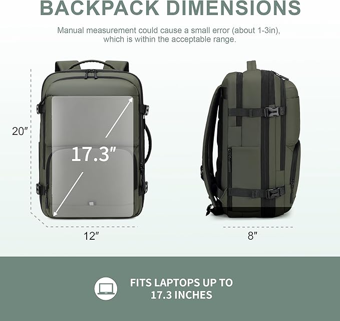 Carry On Travel Backpack, 35L-40L Expandable Extra Large Airline Approved,Lightweight Daypack for Men and Women（Green）