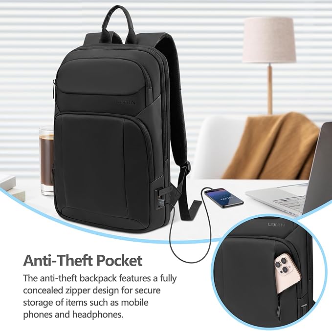 Backpack for Men Slim & Expandable Travel Laptop Backpack with USB Charging Port Water Resistant Anti-Theft Business Backpack Fits 17.3In Laptop for Commute Work College with Small Bag（Business Black）