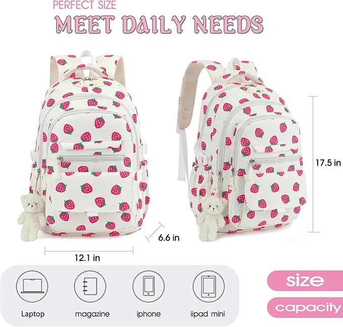 Girls Backpack for College High Middle School Student, Cute Aesthetic Bookbag for Teens Women with Accessories, Beige Strawberry