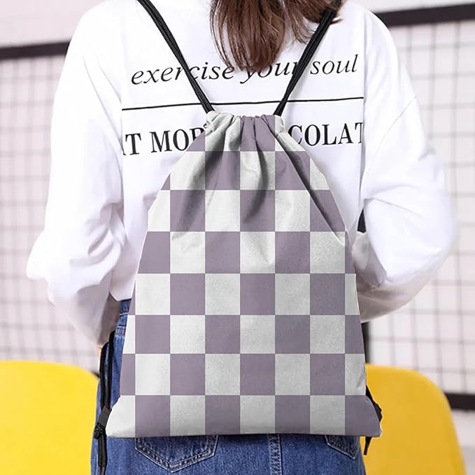 Drawstring Backpack Draw String Bag Waterproof for Sports Gym Beach Travel Cute Aesthetic Sackpack Men Women (13"×17")-Purple Checkered