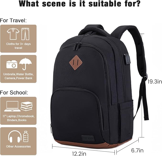LOVEVOOK School Backpack for Women Men Black Backpack with 17.3" Laptop Compartment Lightweight Bookbag for College Work High School