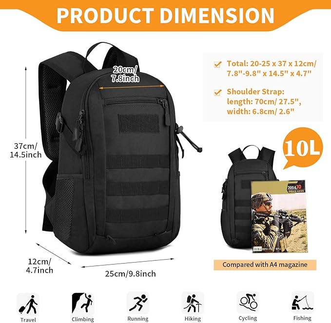 HUNTVP 10L Tactical Backpack Small Backpack Mini Daypack Military MOLLE Rucksack Gear Tactical Assault Pack Bag for Hunting Camping Trekking(10L-Black)