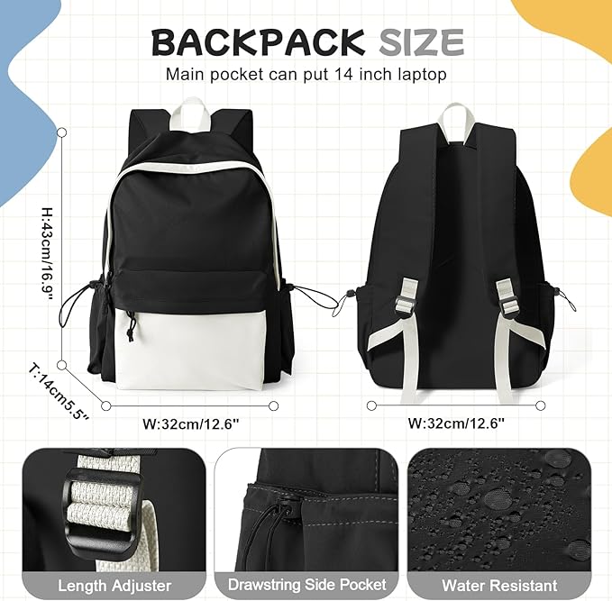 BJLFS Black White Backpack for School, High School Bookbag Back Pack for Teens Girls Boys, Lightweight College Backpack Book Bag for Women Men, Simple Casual Daypack Backpack Mochilas Escolares para