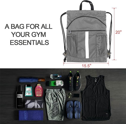 BeeGreen Drawstring Backpack Bag with Shoe Compartment, X-Large Black Gym Sports String Cinch Backpack