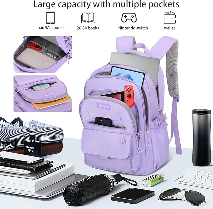 School backpack for Girls, Aesthetic Backpack for Women Cute Bookbag Preppy College (Purple)