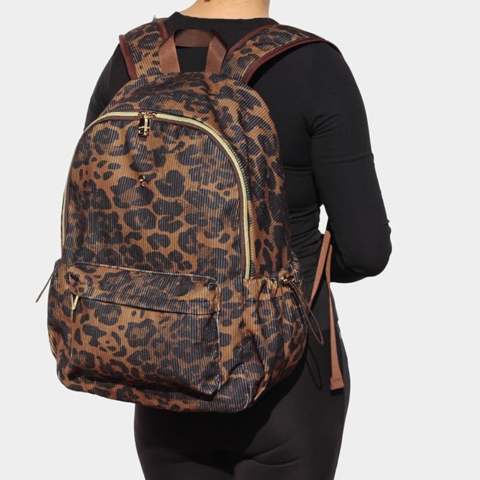 ESVAN Corduroy Backpack Lightweight Fashion 17 inch Laptop Bag for Women Casual College (Corduroy leopard print)