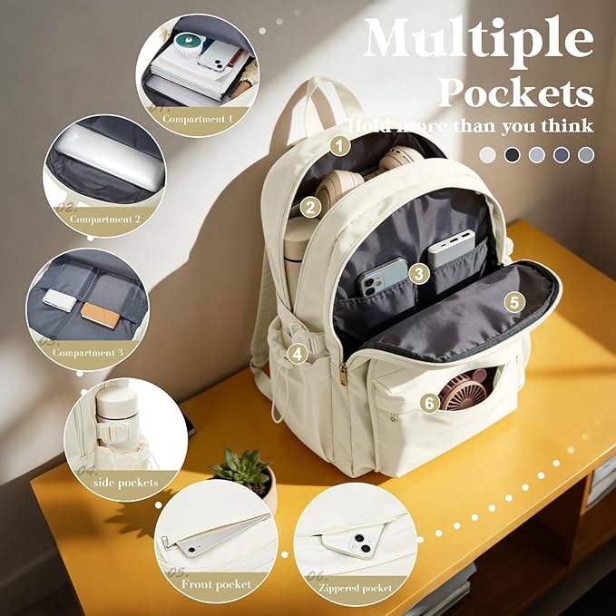 Simple School Backpack For Women,Lightweight College Backpack,High School Bag For Teens Boys Girls,Casual daypack Small Travel Backpacks Men Cute Bookbag(Beige)