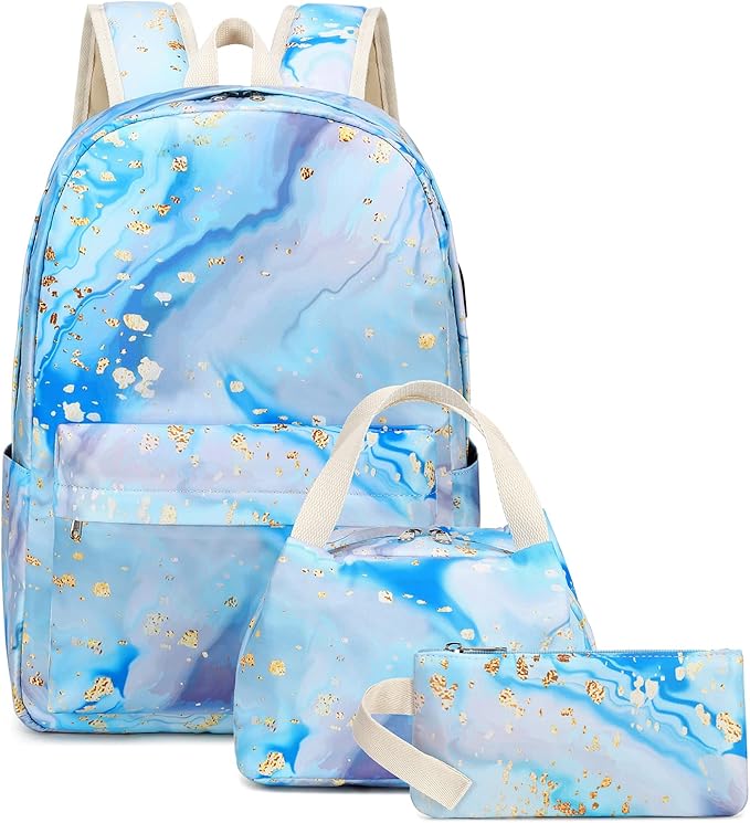 Teen Girls School Backpack Kids Bookbag Set with Lunch Box Pencil Case, Travel Laptop Backpack Casual Daypacks (Blue-marble)