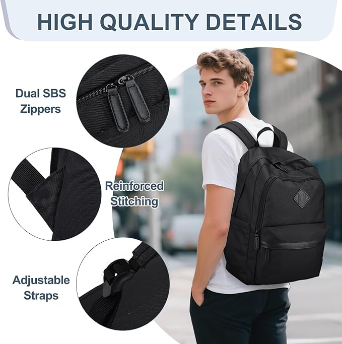 RAVUO Backpack for Men, Water Resistant Black School Backpacks Large Bookbag 15.6inch Laptop Back Pack College Daypack Schoolbag for Teen Boys Girls