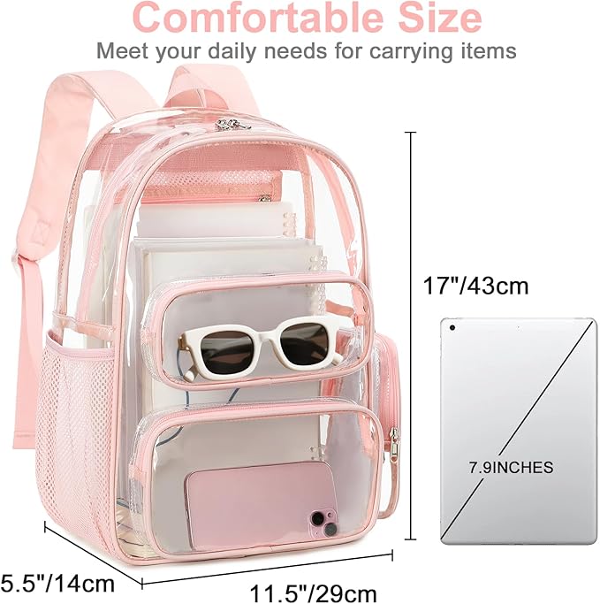BTOOP Clear Backpack Heavy Duty Transparent Backpack 17" See Through Bookbag for College Work Festival Security Padded Strap (Pink)