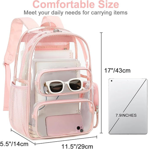 BTOOP Clear Backpack Heavy Duty Transparent Backpack 17" See Through Bookbag for College Work Festival Security Padded Strap (Pink)