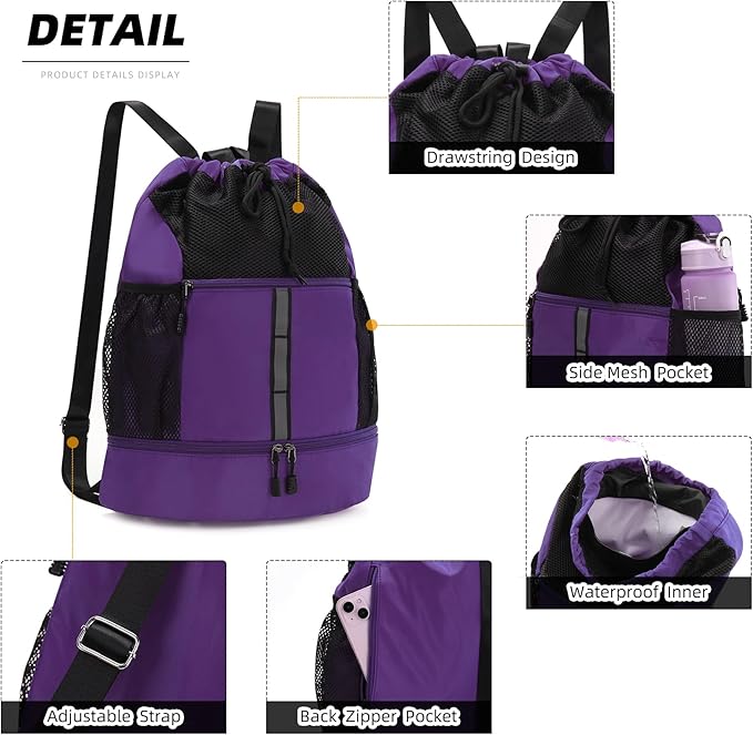 Valleycomfy Drawstring Gym Bag Sports Backpack With Shoe Compartment and Reflective Strips Purple