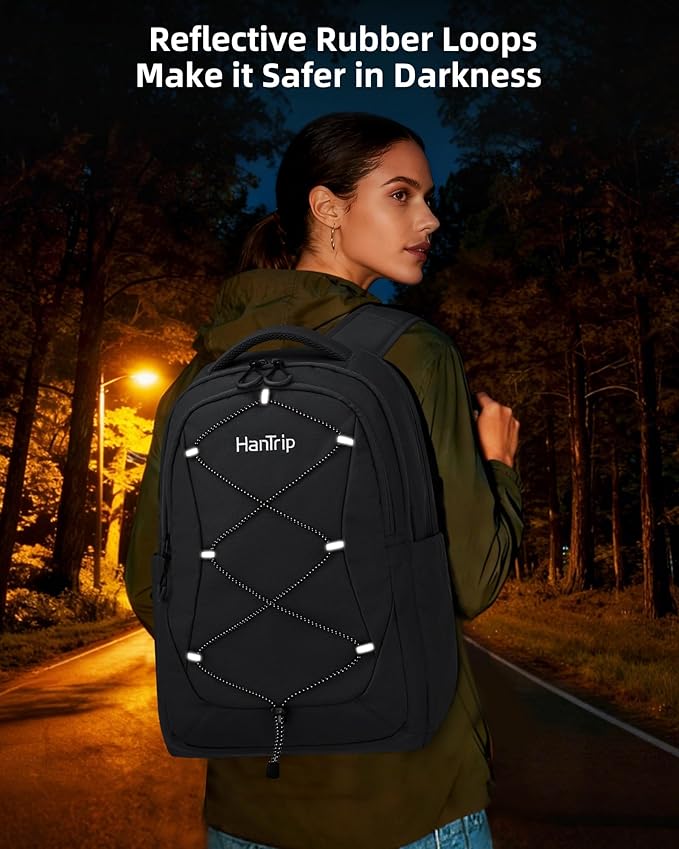 Travel Laptop Backpacks for Women Men, Large Work Backpack for Commuter College School Book Bags, Reflective Water Resistant Backpack with Luggage Strap Water Bottle Pocket Chest Strap, Black