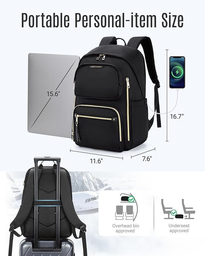 LIGHT FLIGHT Women's Laptop Backpack Fit for 15.6 Inch for Travel Work Business College, Large Capacity Stylish Bookbag with USB Port and Water-Resistant for Daily Use,Black