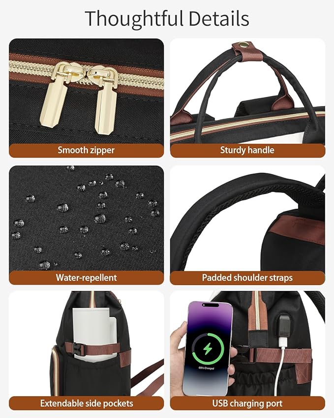 Work Backpack for Women, Teacher Nurse Bookbag Laptop Backpack with Cup Holder & USB Charger for Travel, College School Bags for Teen Girl, Black Brown