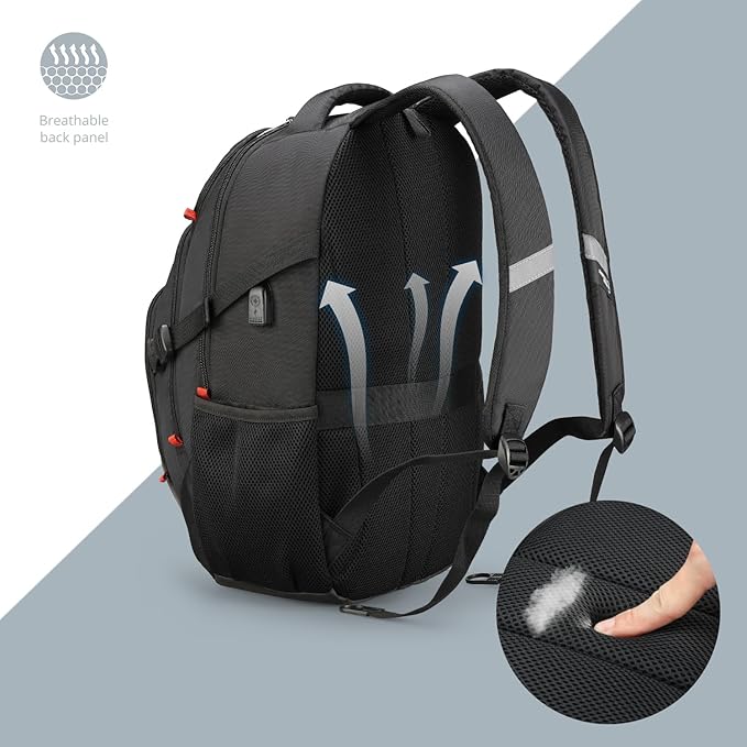 Swissdigital Design Laptop Backpack with USB Charging Port, Travel Backpack Fits 15.6 inches Computer, 31L College School Backpack for Men, Black | SD803-01