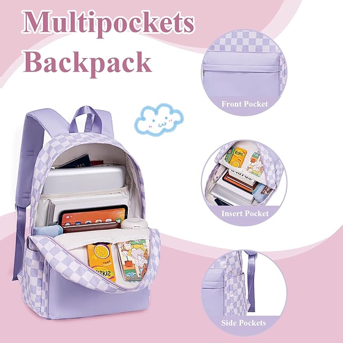 LEDAOU Kids School Backpack with Lunch Box for Girls Kindergarten Elementray BookBag School Bag Preschool Toddler Backpack (Purple Checkered)