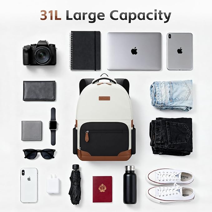 RealCool Laptop Backpack, 31L Travel Backpacks Gift for Women Men, Fits up to 15.6-17 Inch,Water Resistant College Bookbag, for School Business Trip (Beige-Black)