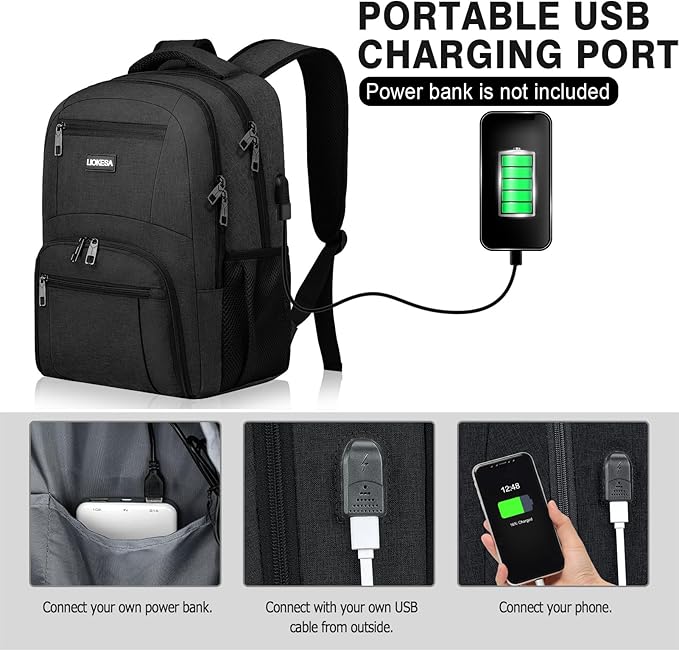 Backpack for Men Women, School Backpacks for Teen Boys Girls, Water Resistant Laptop Backpack with USB Charger, 15.6 Inch Black College Bookbag