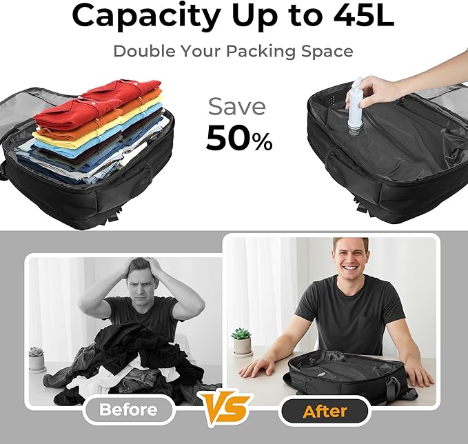 Vacuum Compression Backpack for Travel, Carry-On Backpack with Vacuum System & Pump, Packs Like 45L for 2-5 Day Trips, Fits 17" Laptop, Water-Resistant Personal Item Travel Backpack for Men / Women