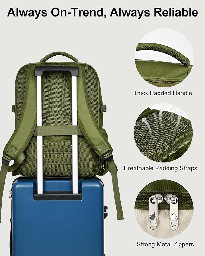 Travel Backpack for Women & Men, Large Carry On Personal Item Bag Airline Approved, Waterproof Traveling Overnight Bags, Gifts Laptop Backpack for Travelers College-Students Commuters (Green/Beige)