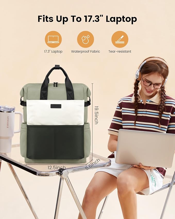 LOVEVOOK Laptop Backpack for Women, 17.3 Inch Work Travel Backpack Purse for School College Bookbag for Teen Girls Cute Computer Bag for Teacher Nurse Business, Green-Beige
