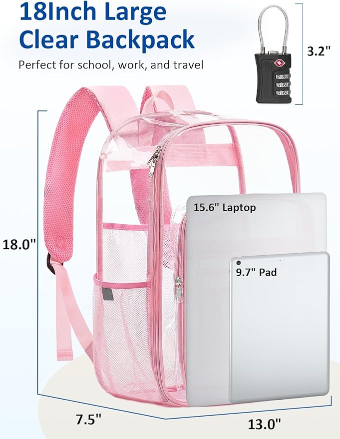 Extra Large Clear Backpack with TSA Lock, Heavy Duty Transparent See Through Clear Bookbag for College, Work, Travel, Casual Sport, Pink