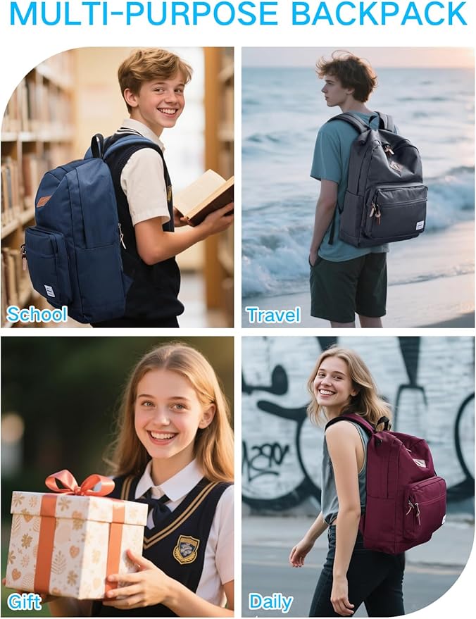 RAVUO School Backpack for Men Women | Classic Bookbag for 15.6 inch Laptop Water-Resistant College Daypack for Travel, Grey