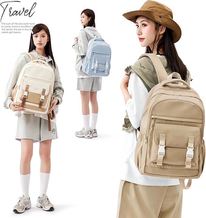 School Backpack For Women Men College Backpack With Lots Of Pockets Cute BookBag Casual Daypack Backpacks For Teens Girls Boys Waterproof(Khaki)
