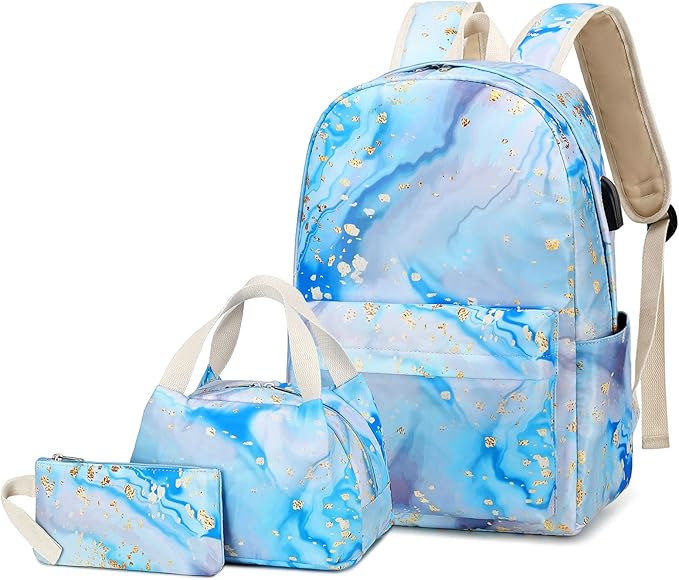 Teen Girls School Backpack Kids Bookbag Set with Lunch Box Pencil Case, Travel Laptop Backpack Casual Daypacks (Blue-marble)