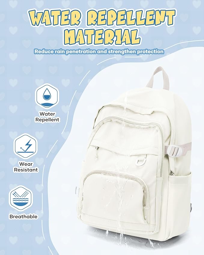 Lightweight Backpack for College & High School Backpack With Lots of Pockets Cute School Bag for Girls Boys, Large Capacity Bookbag for Women Men, Waterproof Teens Casual Daypack Backpack(Beige)