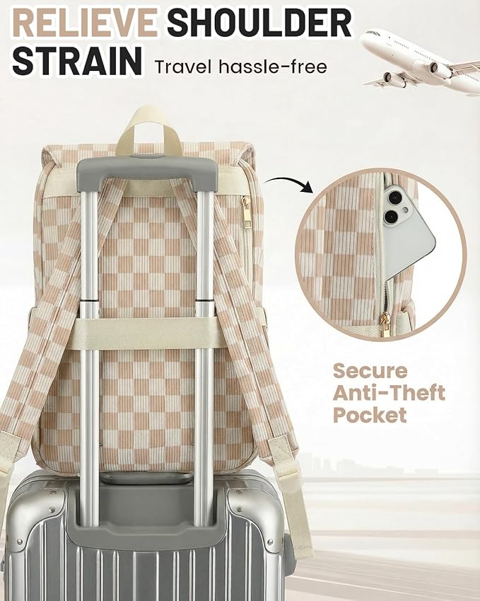 Corduroy Laptop Backpack for Women, Fits 15.6 Inch Computer Bag, College High School Bookbag Travel Daypack Purse, Work Business Bags - Corduroy Checkered Brown